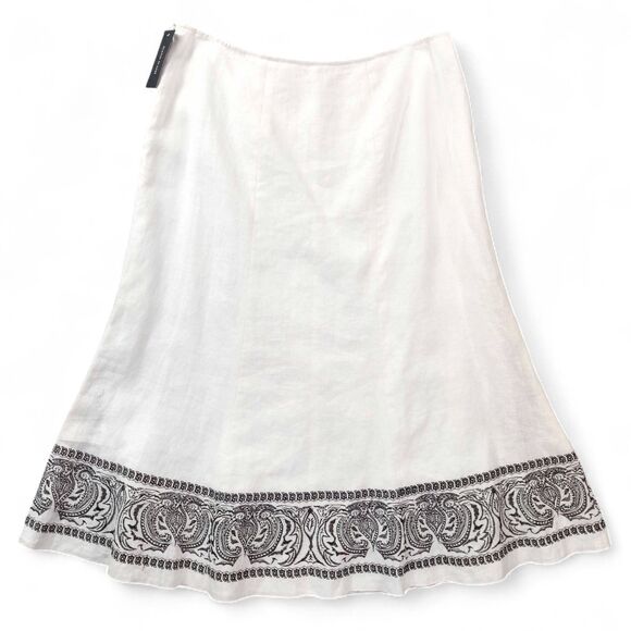Nygard Collection Linen Skirt Size 14 White Black Embroidered Boho Midi Paisley - Picture 2 of 8